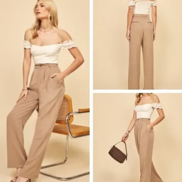 Reformation Mason High Waisted Wide Leg Trouser Pants in Khaki